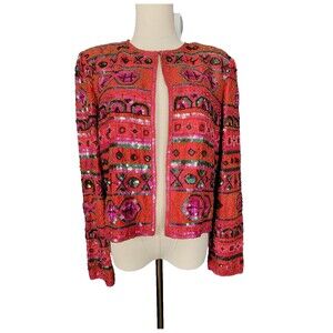 Vintage Nipon Night Jacket Sz M Red Black Sequin Silk Lined Beaded 80s 90s